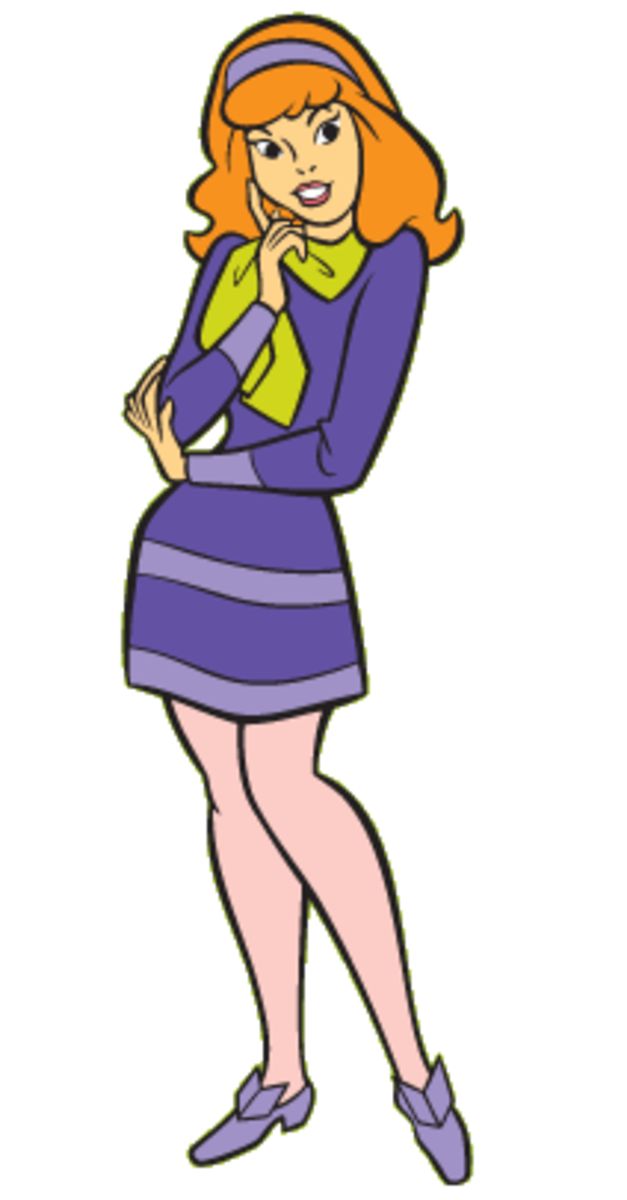 an image of a woman with red hair and purple dress standing in front of a white background