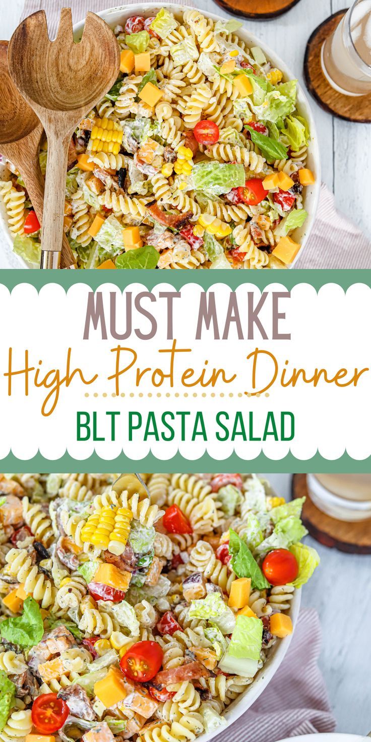 a bowl full of pasta salad with the words must make high protein dinner