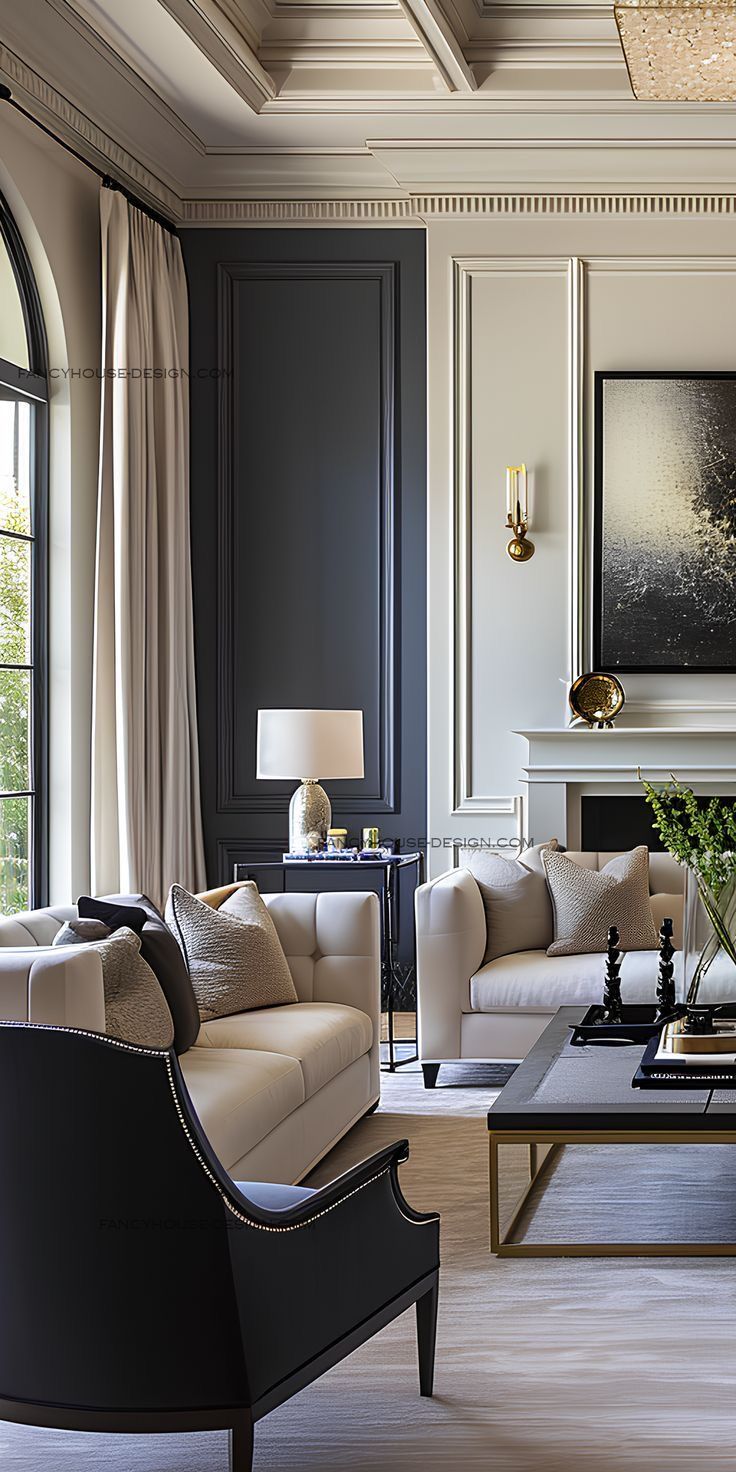 a living room with couches, chairs and a coffee table in front of a fireplace