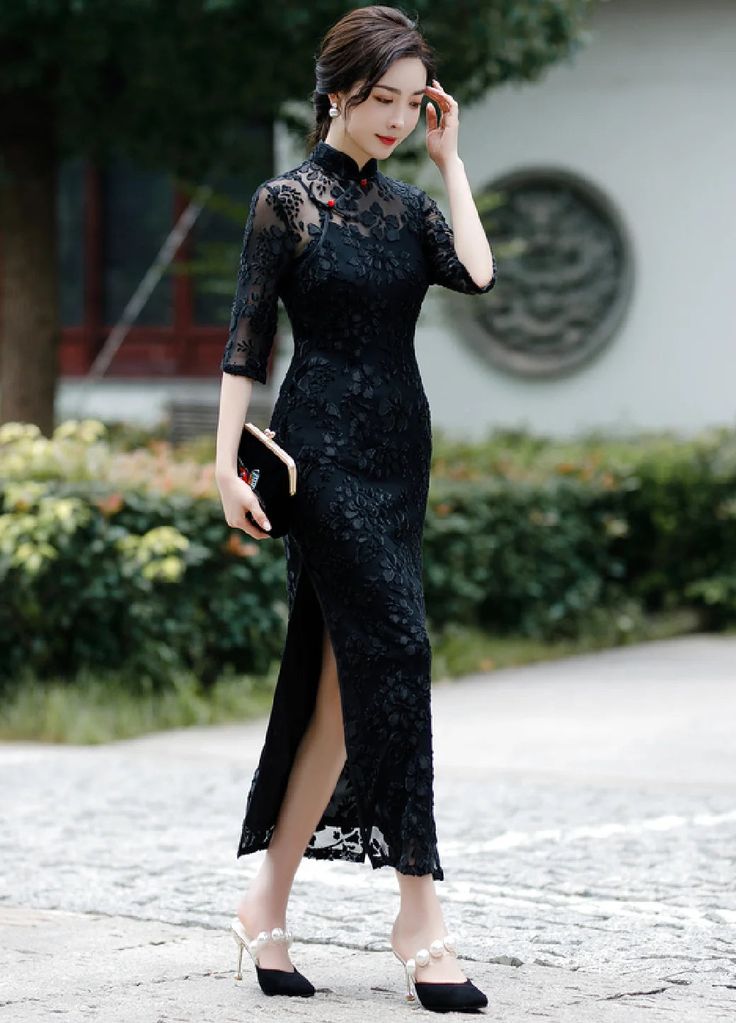 Black Lace Cheongsam | Qipao Dress Black Lace Evening Dress For Banquet, Black Lace Dress For Banquet, Fitted Black Lace Dress For Banquet, Elegant Formal Fitted Ao Dai, Black Lace Dress For Formal Occasions, Elegant Black Lace Dress For Banquet, Black Dress With Lace Sleeves For Banquet, Black Evening Dress With Lace Sleeves, Formal Stand Collar Ao Dai