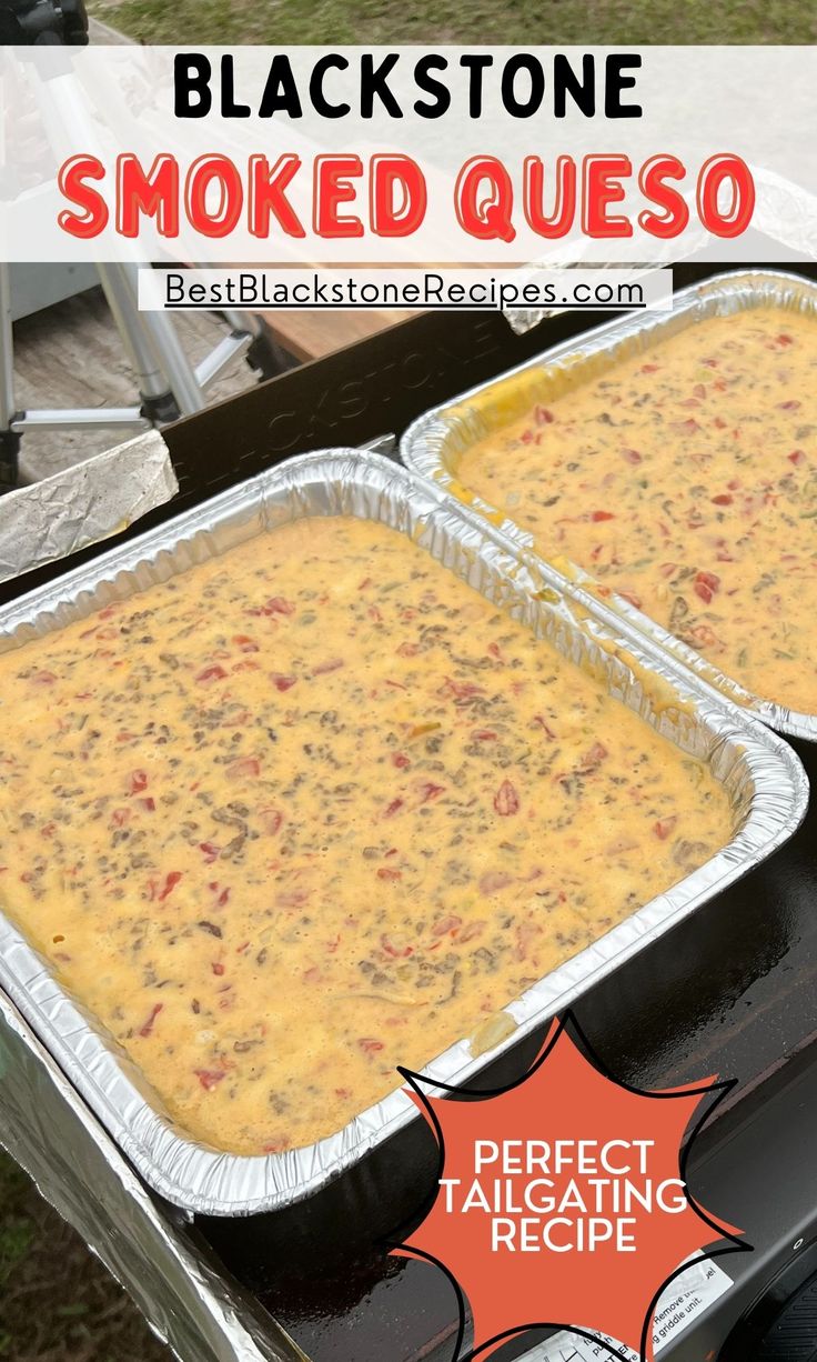 two pans filled with baked quesadillas sitting on top of an outdoor grill