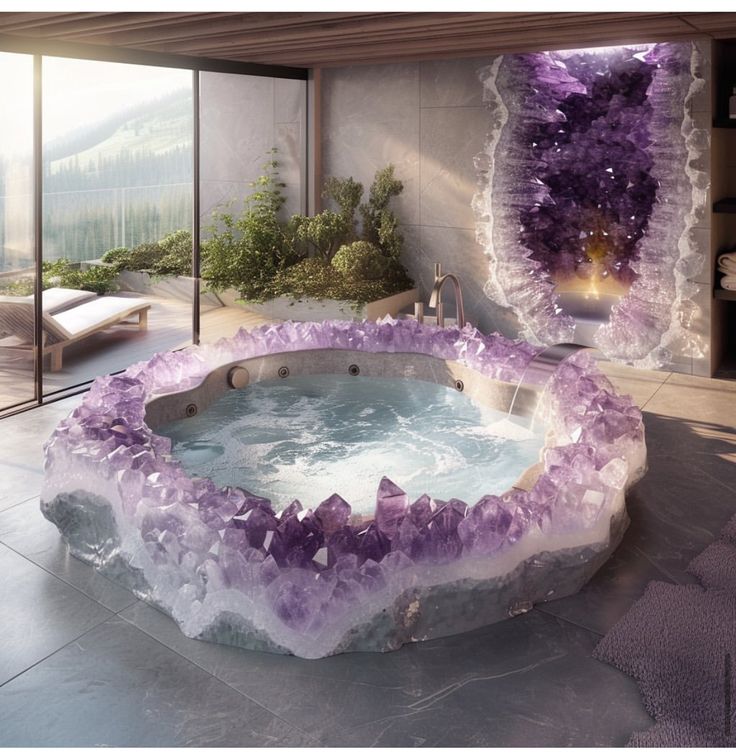 a bathroom with a large jacuzzi tub surrounded by purple rocks and glass doors