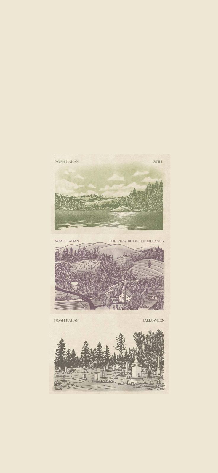 three different views of trees and land from an old book, with the title in english