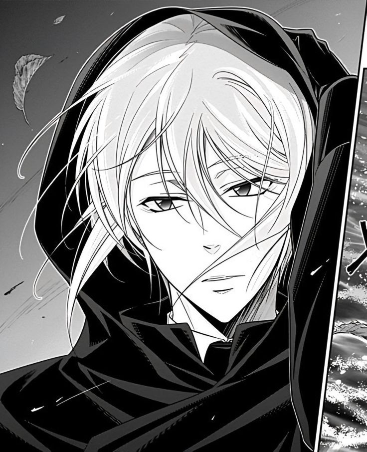 an anime character with blonde hair and black hoodie standing in front of the ocean