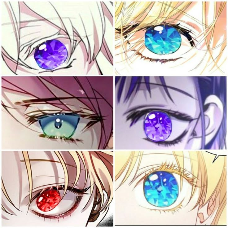 four different images of anime eyes with blue and purple colors, one in the center