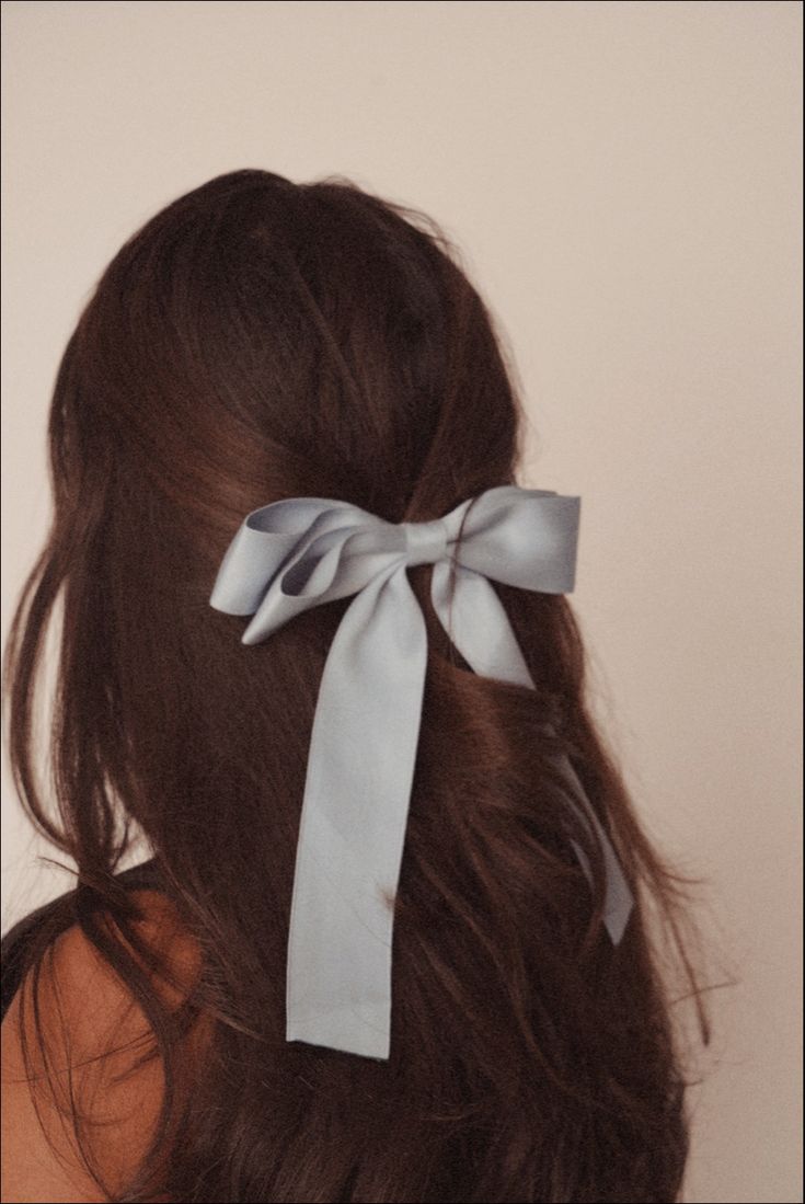 Girl with brown wavy hair wears a light blue bow that gathers her hair in the back. Baby Blue Hair, Brunette Aesthetic, Rambut Brunette, Blue Hair Bows, Light Blue Hair, Ribbon Hairstyle, Hair Ribbon, Ribbon Hair, Diy Hair Bows