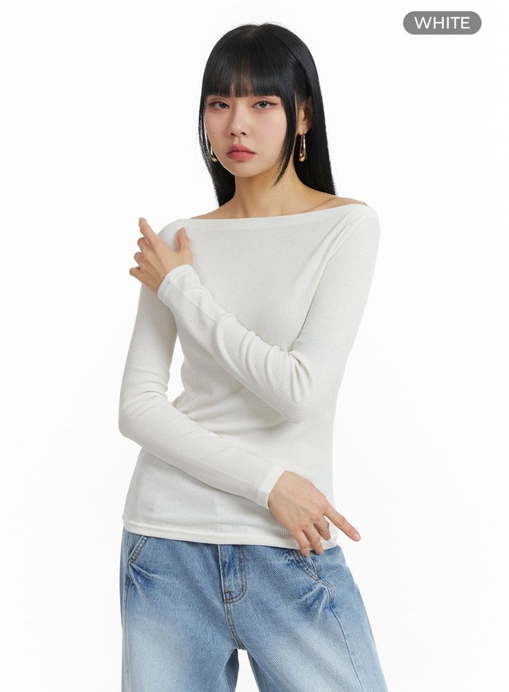 solid-long-sleeve-top-im414 / White Bolero Sweater, Festival Trends, Boatneck Sweater, Beige Top, Shrug Sweater, Prom Outfits, Fashion Korean, Korean Street Fashion, New Tops