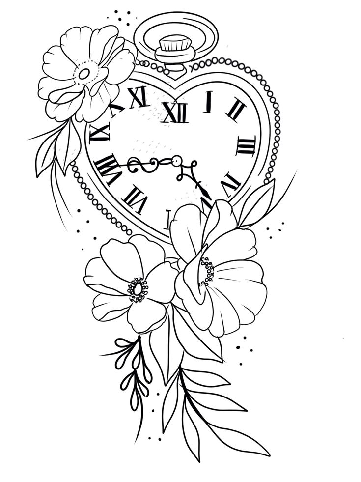 a heart shaped clock with flowers and leaves on the side, in black and white