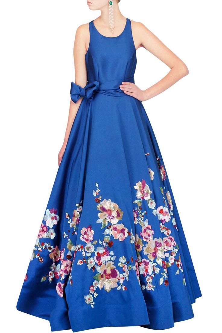 Blue floral embroidered gown Spring Ball Gown With Floral Applique, Spring Floral Applique Ball Gown, Blue Floral Embellished Evening Dress For Gala, Blue Floral Embellished Gown For Gala, Floral Applique Ball Gown Dresses, Blue Floral Applique Dress For Gala, Floral Applique Ball Gown For Gala, Blue Floral Embellished Evening Gown, Blue Floral Applique Gown For Party