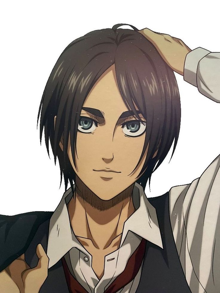 an anime character with brown hair and blue eyes, wearing a white collared shirt