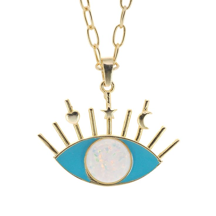 The Opal Turquoise Evil Eye Pendant Necklace, a mesmerizing piece of jewelry that beautifully combines elegance and spiritual symbolism. Crafted with meticulous attention to detail, this necklace features a sterling silver chain, delicately plated with 18k gold. The centerpiece of this necklace is the enchanting evil eye pendant. The pendant is adorned with a captivating combination of turquoise enamel and white opal, creating a striking contrast that instantly draws the eye. The Evil Eye symbol Symbolic Gold Plated Necklaces With Large Pendant, Turquoise Sterling Silver Jewelry With Delicate Chain, Symbolic Gold Plated Necklace With Large Pendant, Symbolic Sterling Silver Necklace With Delicate Chain, Blue Spiritual Gold-plated Necklaces, Symbolic Jewelry With Delicate Chain Pendant, Symbolic Pendant Jewelry With Delicate Chain, Turquoise Sterling Silver Necklace With Delicate Chain, Symbolic Pendant With Delicate Chain