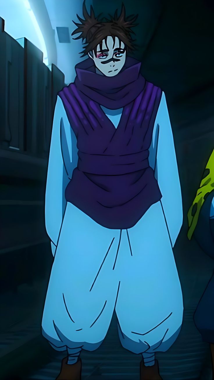 an animated image of a man with black hair wearing a blue shirt and purple scarf