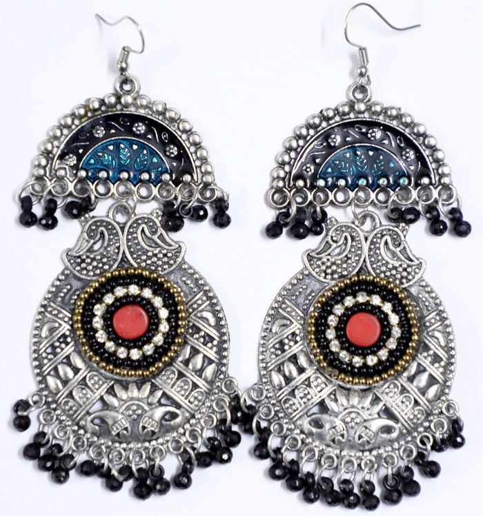 Intricately handmade by talented artisans in India, these tribal earrings are hand engraved and then set with beads and crystals and also lacquered in teal and black. Small black beads enhance the overall look. Since they have a long dangle they will enhance your neck. Traditional Dangle Chandelier Earrings, Traditional Pierced Metal Chandelier Earrings, Traditional Turquoise Beaded Earrings For Festivals, Traditional Nickel Free Jewelry With Round Beads, Traditional Nickel-free Jewelry With Round Beads, Traditional Round Bead Earrings For Festivals, Bohemian Multicolor Earrings With Oxidized Finish, Metal Earrings With Dangling Beads For Festivals, Bohemian Multicolor Oxidized Finish Earrings