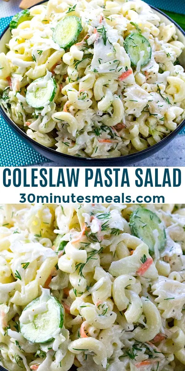 two pictures of pasta salad with cucumbers and dill