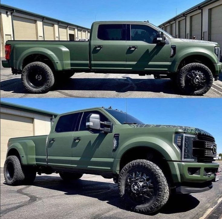 two pictures of a green truck parked in front of a building