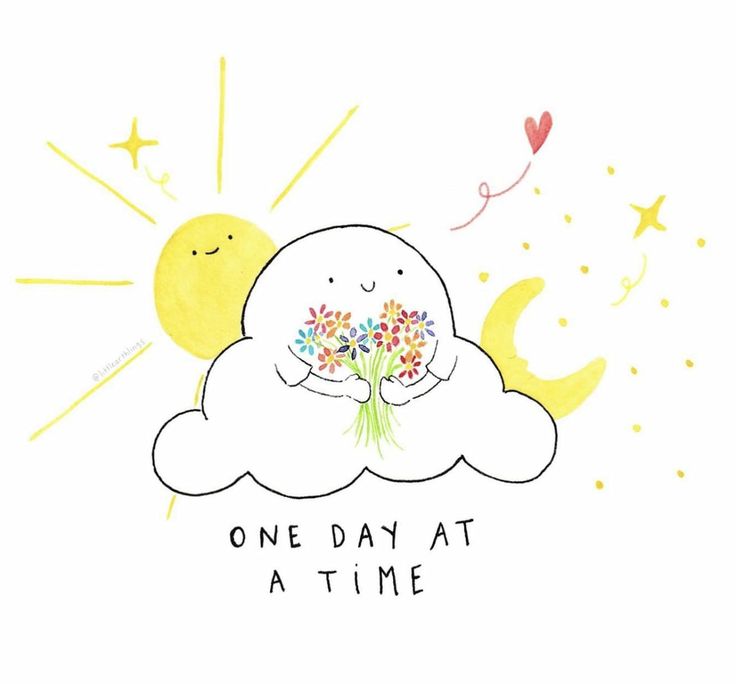 one day at a time with the sun and clouds holding flowers in front of them