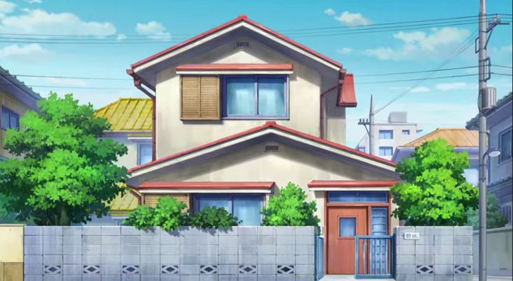 an anime house with trees and buildings in the background