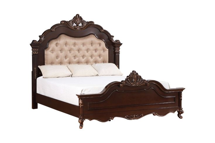 a bed with a wooden headboard and foot board, made in brown wood frame