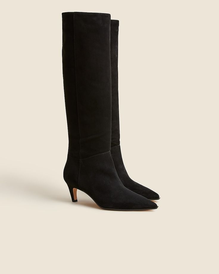 New Stevie knee-high pull-on boots in suede Tall Black Suede Boots, Black Suede Boots Outfit, Pointy Boots Outfit, Suede Boots Outfit, Knee High Black Boots, Black Tall Boots, Pointy Boots, Knee Boots Outfit, Black Knee High Boots