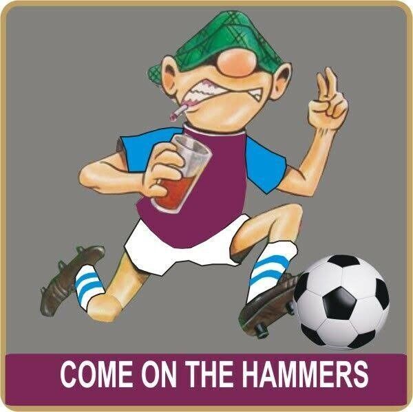 a cartoon character kicking a soccer ball with a drink in his hand and the words, come on the hammers