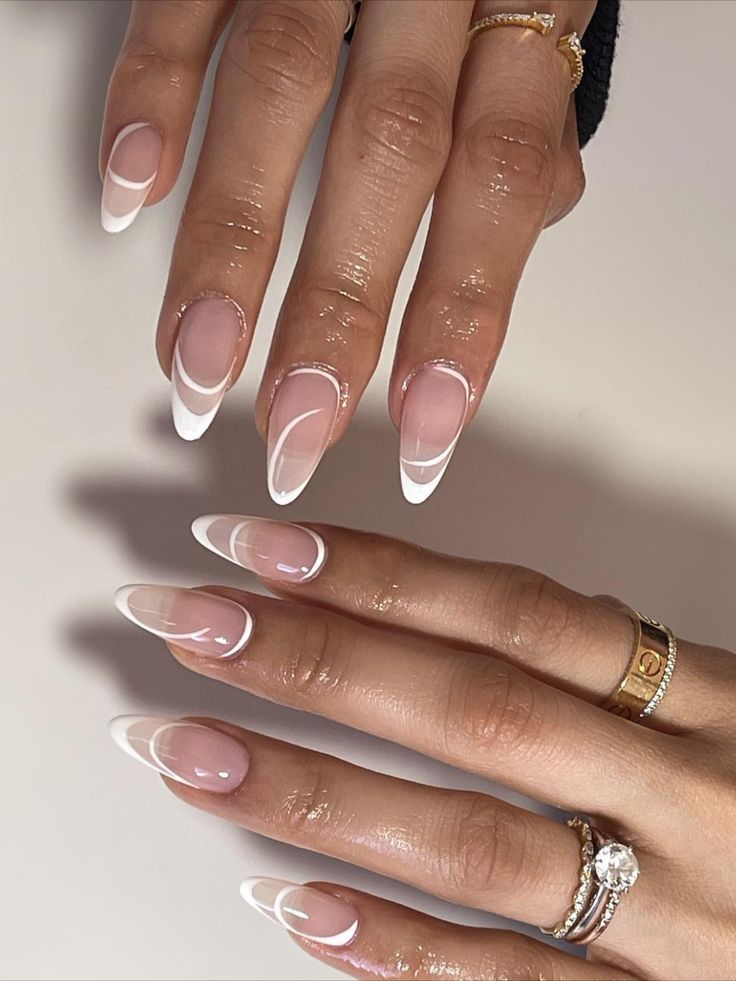 French Tip Clear Base, Curvy Lines Nails, Irregular French Nails, White And Clear Nails Design, Short Almond Nails 2023, Oval Biab Nails, Baddie Maintenance, Asymmetrical French Tip, White And Clear Nails