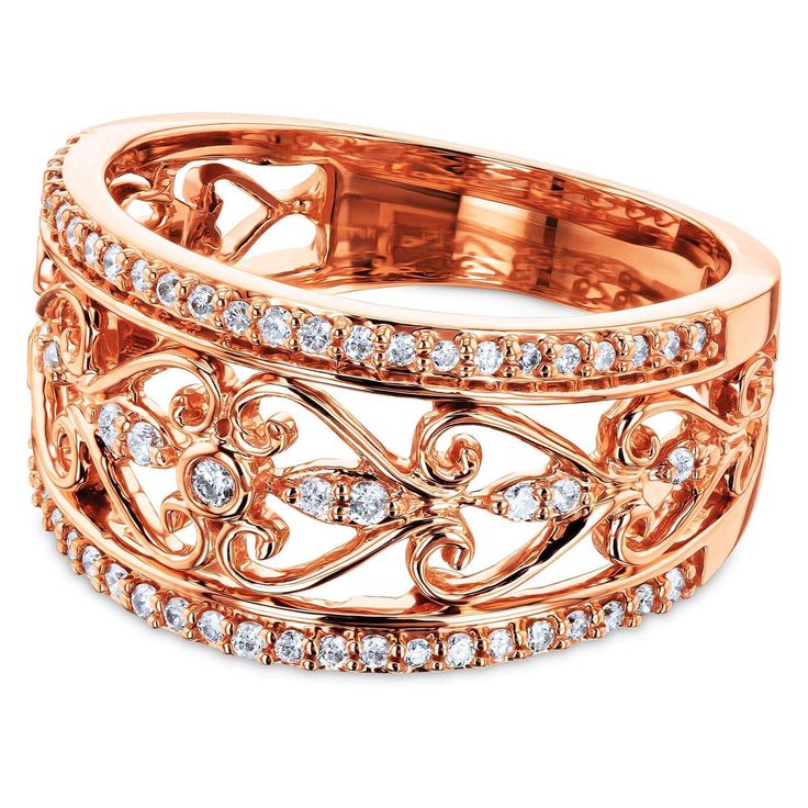 Own it. Lacy filigree patterns wrap this rose gold ring in vintage fashion perfection. Natural white diamonds decorate this ring for a total of a third carat in diamond weight. The irresistibly charming design makes this tempting piece a winning treat-yourself gift for those oh-so-special occasions. The ring covers 11 millimeters wide across the top and tapers down to 4 millimeters on the underside for a comfortable grip.Materials 61 Natural White Diamonds (1/3 Carats Total Diamond Weight, HI Co Vday Jewelry, Rose Gold Top, Gold Wedding Bands, Gold Anniversary Rings, Jewellery Ring, Filigree Pattern, Makeup Lovers, Rose Gold Wedding Bands, Diamond Jewelry Designs