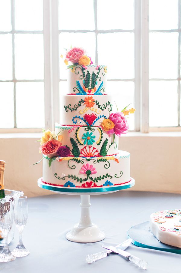 a colorful wedding cake sitting on top of a table next to a window with the words, i'm helping plan of my best friend's bridal showerers and wow