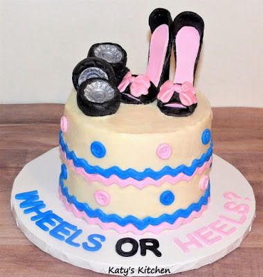 Katy's Kitchen: Wheels or Heels? Gender Reveal Cake Wheels Or Heels Gender Reveal, Gender Reveal Cake Pops, Baby Gender Announcements, Gender Reveal Diy, Baby Reveal Cakes, Simple Gender Reveal, Baby Gender Reveal Party Decorations, Gender Reveal Party Games, Bee Gender Reveal