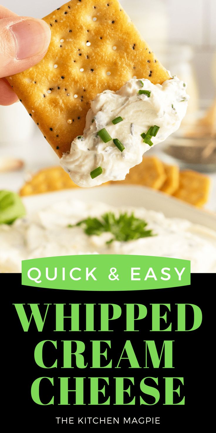 a hand holding up a cracker with whipped cream on it and the words quick & easy