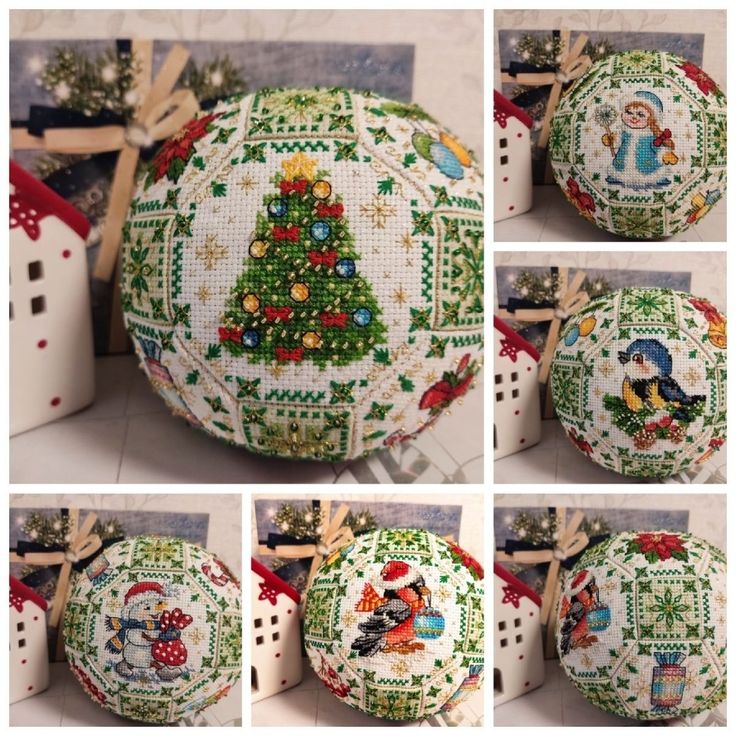 cross stitch christmas ornament ball with santa's tree and snowman on it