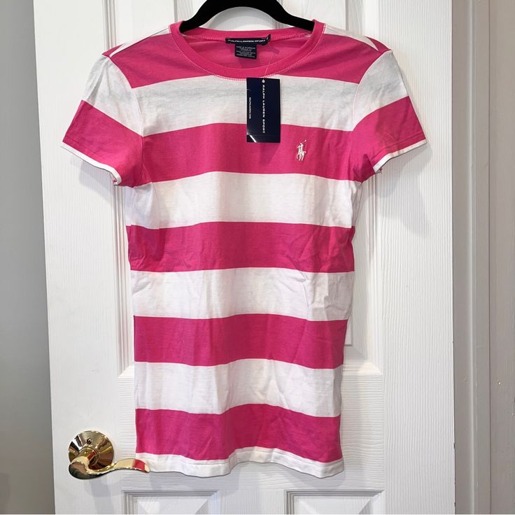 Pink & White Ralph Lauren Vintage Striped T Shirt Ralph Lauren Summer T-shirt With Short Sleeves, Pink Ralph Lauren Cotton Tops, Spring Striped Ralph Lauren Top, Ralph Lauren Summer Casual T-shirt, Ralph Lauren Fitted Cotton T-shirt, Fitted Ralph Lauren Cotton T-shirt, Ralph Lauren Casual Summer T-shirt, Fitted Cotton T-shirt By Ralph Lauren, Ralph Lauren Pink Spring Top