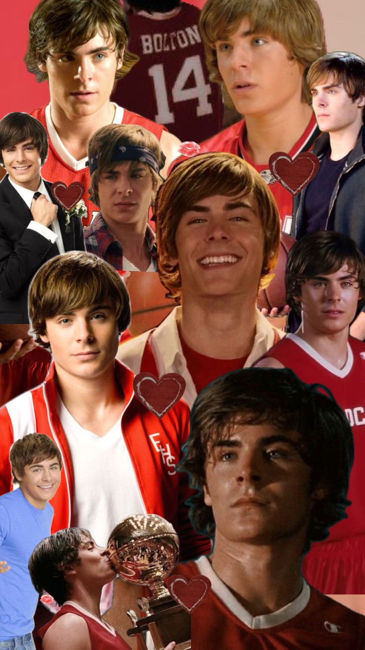 collage of young men with hearts on their shirts and one man holding a trophy