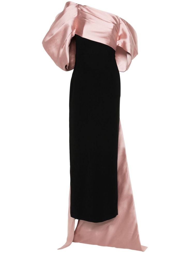 black/rose pink crepe texture twill panel to the chest and sleeves draped detailing sash detail off-shoulder asymmetric sleeves rear slit floor-length straight hem partial lining concealed side hook and zip fastening Black And Pink Gown, Tiktok Clothes, Long Black Dress Formal, Eid Outfit Ideas, Asymmetrical Sleeves, Crepe Maxi Dress, Blooming Tea, Black And Pink Dress, Pink Long Dress