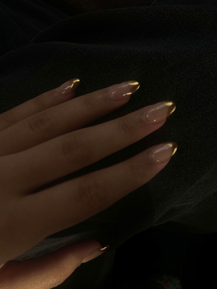 Nails Almond Nail Ideas French Tip, Nails That Would Go With A Red Dress, Hoco Nails For Brown Dress, Simple Prom Nails French Tips, Hoco Nails Green And Gold, Prom Nails Gold Glitter, Bronze French Nails, Nails To Match Gold Jewelry, Nails For A Gold Prom Dress