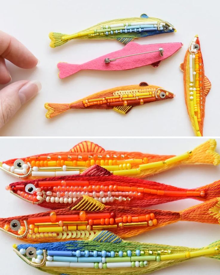 four different types of fish made out of plastic beads and string, each with an individual's hand