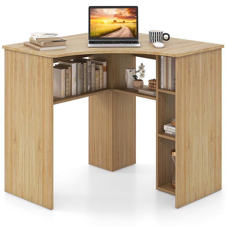 a laptop computer sitting on top of a desk next to a book case and bookshelf