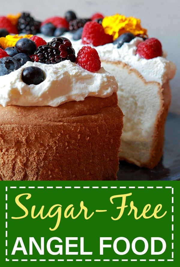 an angel food sponge cake with berries and blueberries on top is shown in this ad for low carb sugar free keto