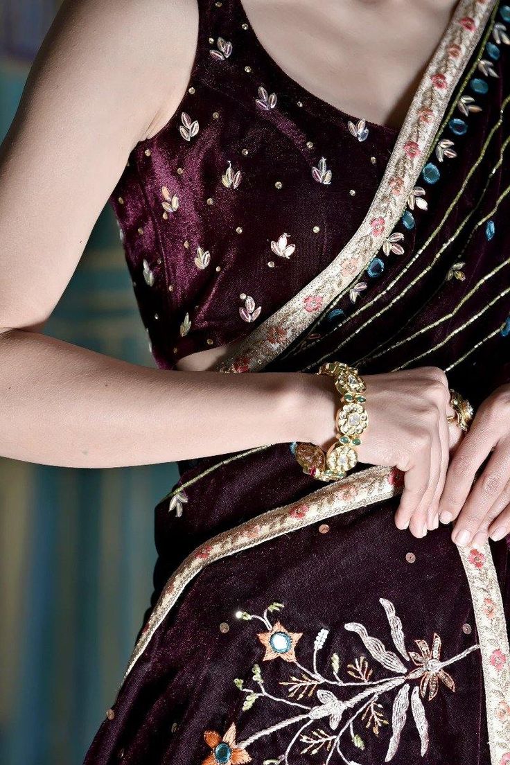 Ruby Wine Velvet and Tulle half and half Saree - Trendroots Elegant Pre-draped Kundan Saree For Party, Elegant Kundan Pre-draped Saree For Party, Elegant Pre-draped Saree With Kundan For Party, Velvet Choli With Sheer Dupatta For Wedding, Wedding Velvet Choli With Sheer Dupatta, Traditional Velvet Sharara With Sheer Dupatta, Velvet Lehenga With Sheer Dupatta For Reception, Festive Velvet Set With Sheer Dupatta, Festive Velvet Sets With Sheer Dupatta