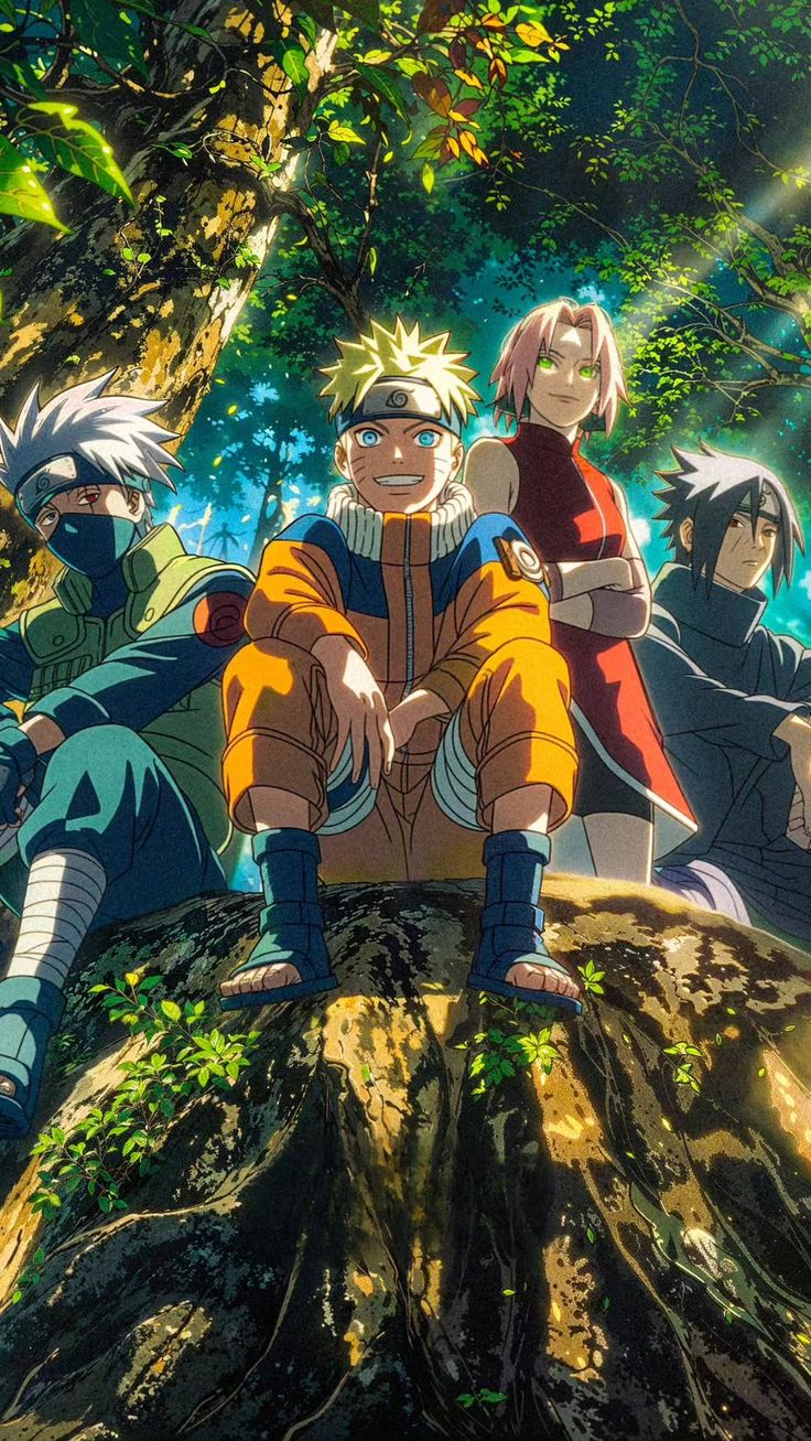 anime characters sitting on top of a tree in the forest