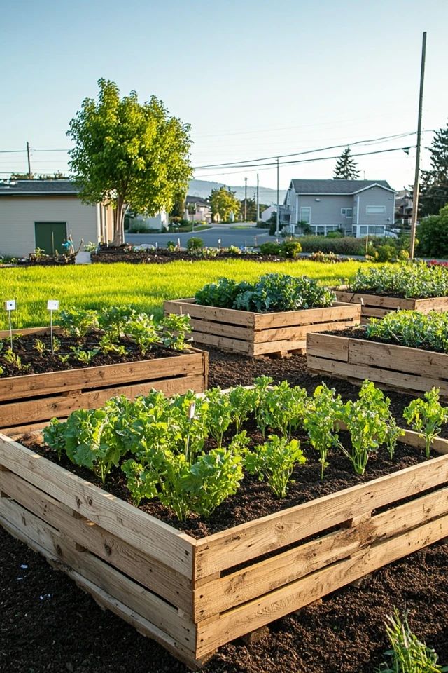 several wooden raised garden beds with plants growing in them