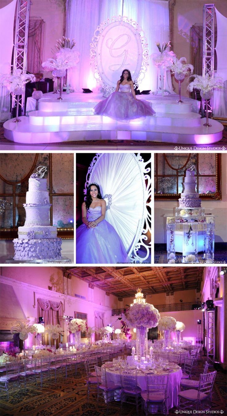 a collage of photos showing the inside of a wedding venue with white and purple lighting