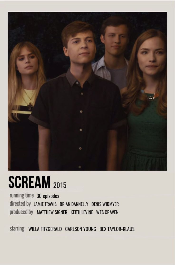 a movie poster for scream starring actors from left to right jamie, james, and elizabeth