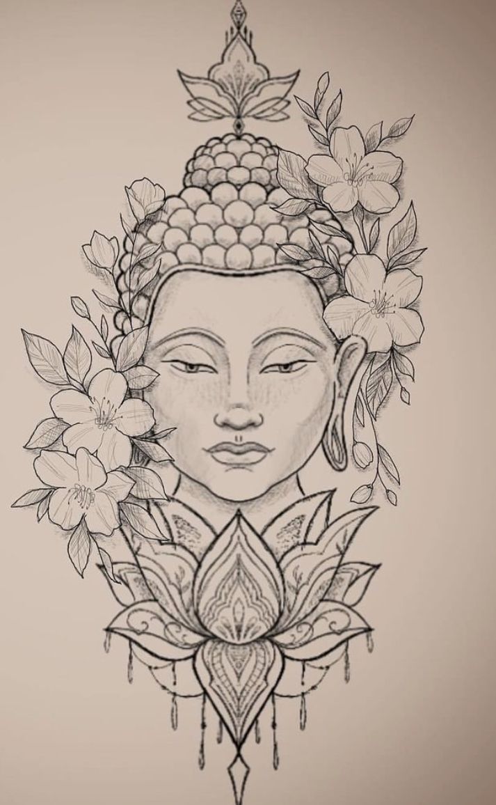 a drawing of a buddha with flowers in her hair