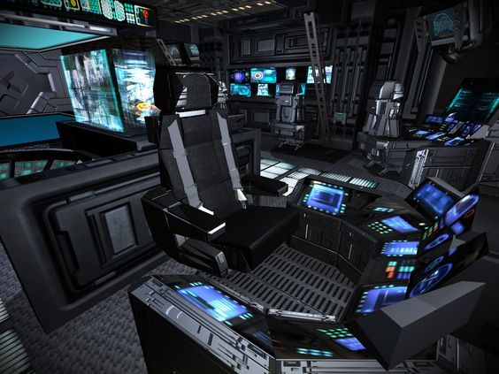 the interior of a sci - fi space station with many monitors