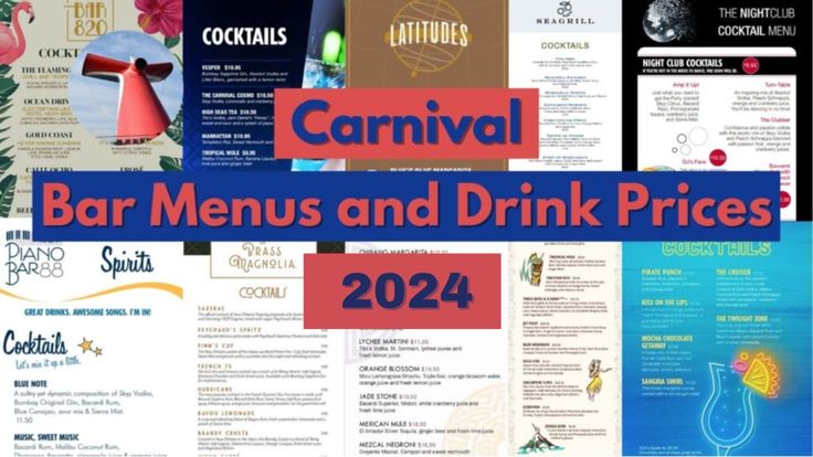 various menus and drink prices are shown with the words carnival bar menus and drink prices