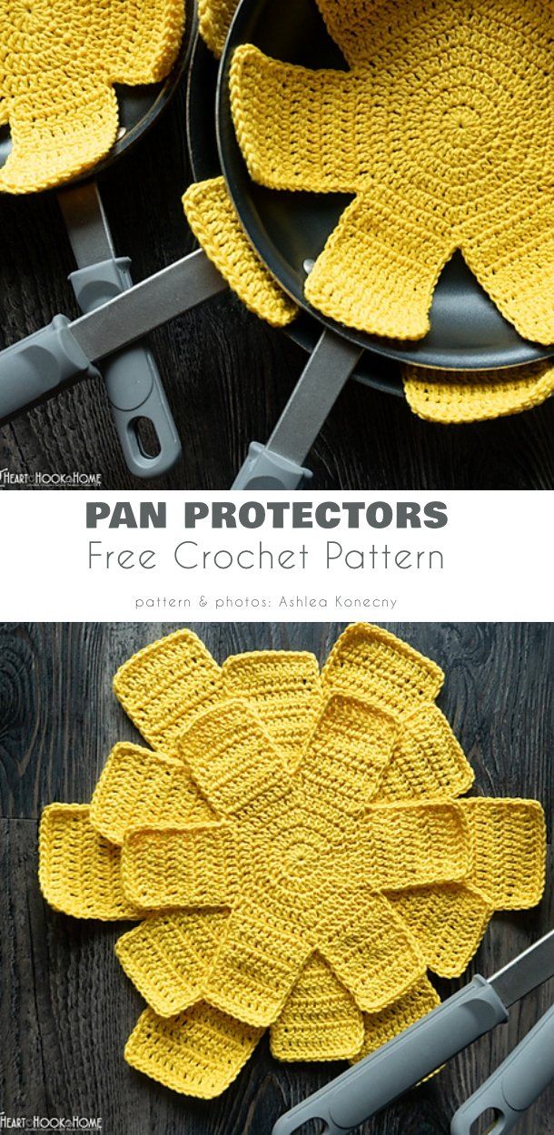 pan protectors that are knitted with yellow yarn