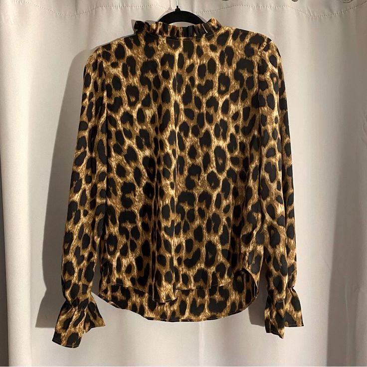 Shein High Neck Leopard Print Blouse Size M Brand New Without Tags Fall Leopard Print Blouse With Ruffles, Fall Leopard Print Stretch Blouse, Fall Stretch Leopard Print Blouse, Stretch Leopard Print Blouse For Fall, Chic Brown Stretch Blouse, Spring Leopard Print Workwear Blouse, Fitted Leopard Print Blouse For Work, Shirred Blouse, Long Sleeve Peplum Top