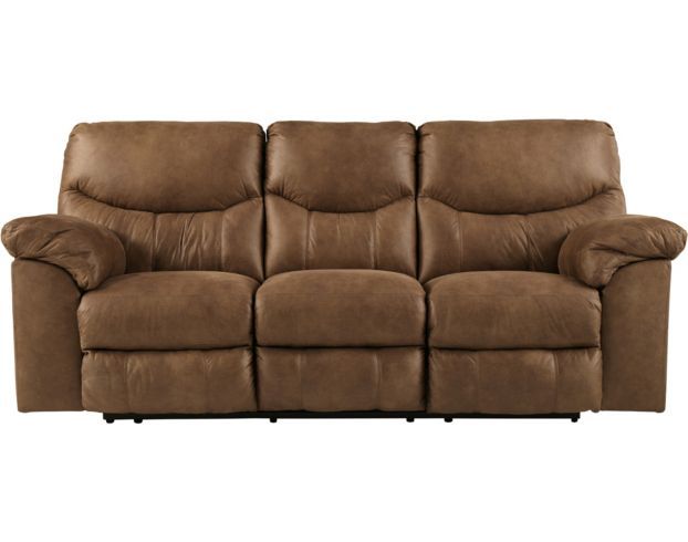 the reclining sofa is brown and has two arms that are extended to one end