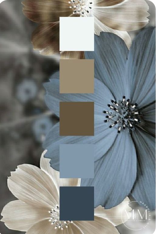 an image of flowers with different shades of blue and brown in the middle, on a gray background