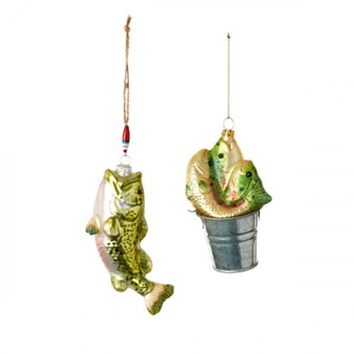 two ornaments in the shape of fish and ice cream cone hanging from strings on white background